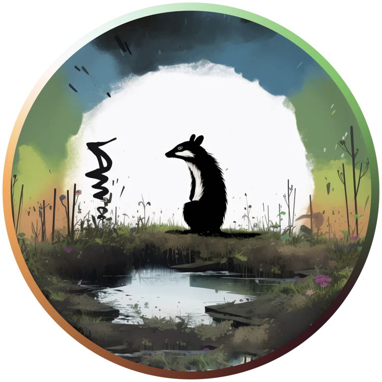 Ein Stinktier, welches vor dem Monduntergang an einem kleinen Teich steht.