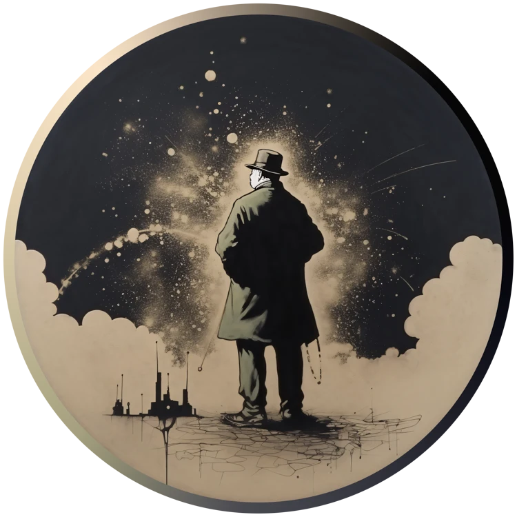 Winston Churchill, der mit dem Rücken zum Betrachter stehend in den Abendhimmel schaut.