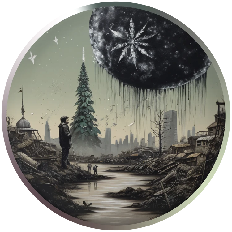 Eine grau wirkende Landschaft mit einem Fluss, an dem eine Person steht. Im Hintergrund sieht man einen schwarzen Stern, der an Cannabisblätter erinnernde Muster hat.