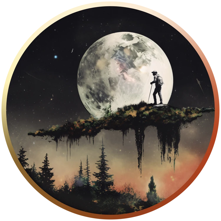 Ein Mann mit Wanderstock geht auf einer grünen Wolke in Richtung Mond spazieren.