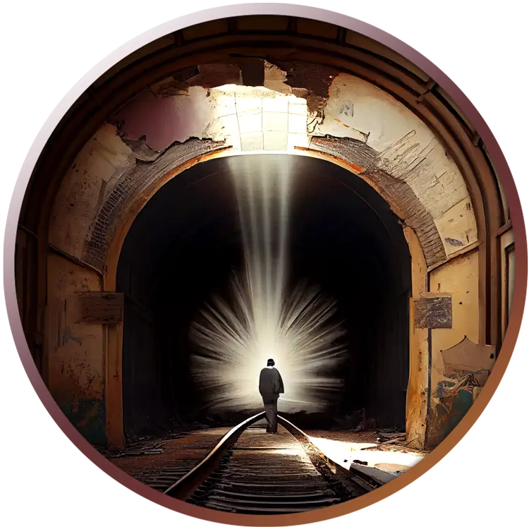 Eine Person in einem Eisenbahntunnel des Ghost Train Haze-Zuges mit Licht von oben