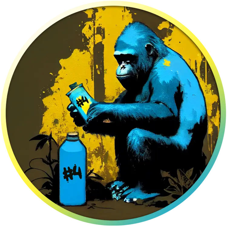Ein sitzender Gorilla hält eine Flasche mit der Cannabisblütensorte Gorilla Glue #4 aus der Cannabis Apotheke
