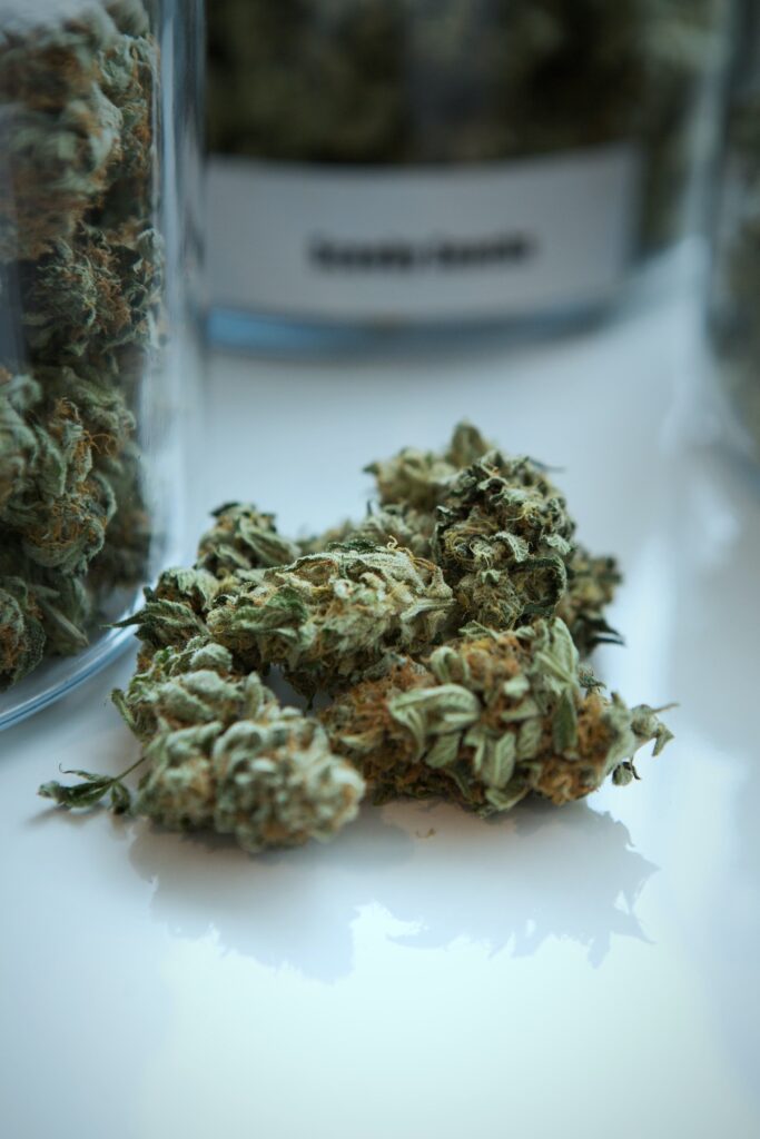 Eine Cannabisblüte vor einem braunen Apothekenglas