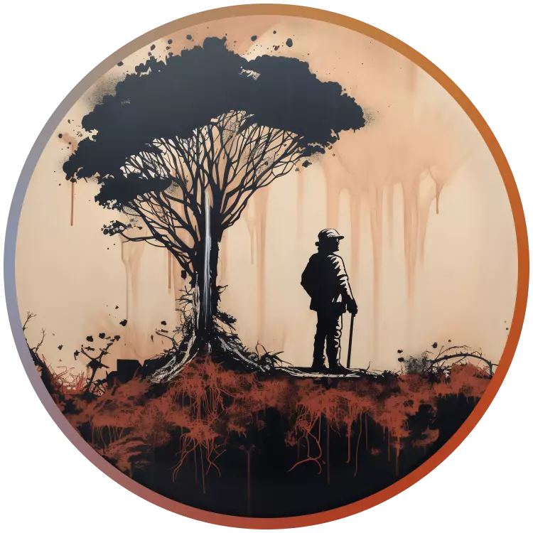 Ein mit AI-Generiertes Bild eines Mannes, der mit dem Rücken zu einem großen Baum steht, welches stellvertretend für den Strain 