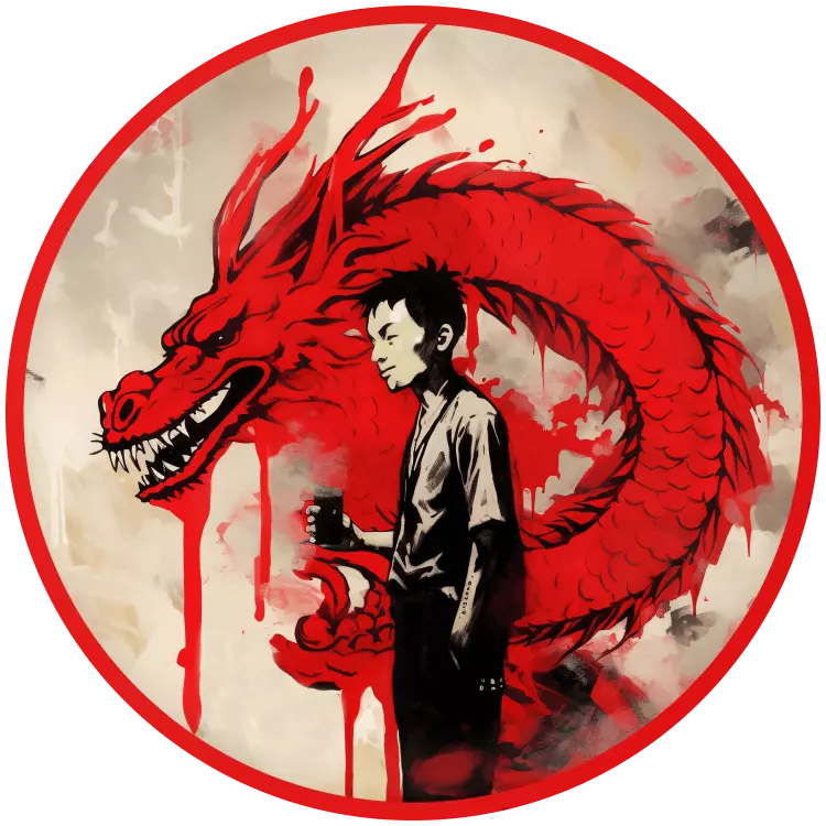 Ein mit AI-Generiertes Bild mit einer künstlerischen Darstellung eines asiatischen Drachens in rot und einer asiatisch wirkenden Person, welches stellvertretend für den Strain 