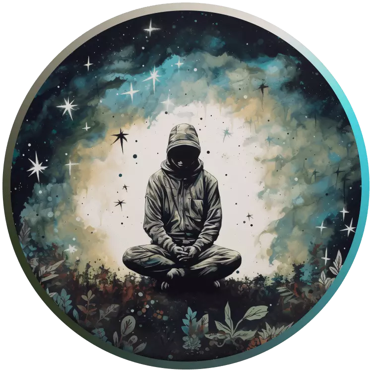Ein mit AI-Generiertes Bild einer meditierenden, von Licht umgebenen Person vor einem dunklen Sternenhimmel, welches stellvertretend für den Strain 