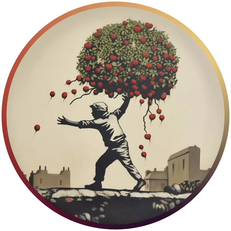 Ein mit AI-Generiertes Bild eines Mannes, welcher auf einer Mauer laufend einen großen Strauß in der Hand hält, an dem rote Beeren wachsen, welches stellvertretend für den Strain 