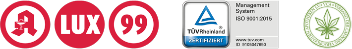 Qualitätsiegel: Apotheke Logo, TÜV Zertifikat und VCA (Verband der Cannabis versorgenden Apotheken) Logo