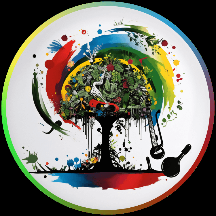 Ein mit AI-Generiertes Bild eines in grell bunten Farben strahlendes Baumes mit Musikinstrumenten, welches stellvertretend für den Strain 