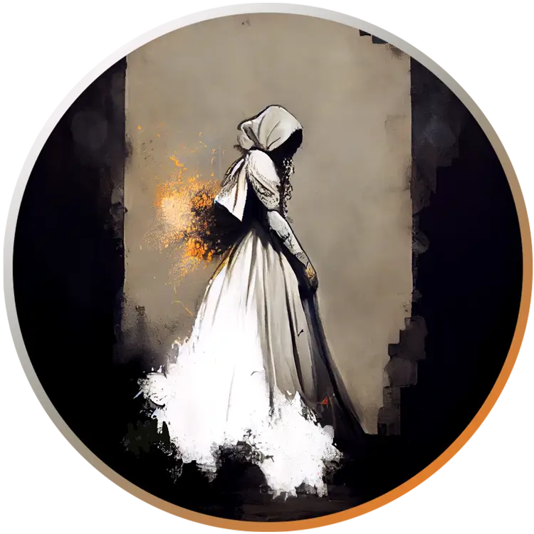 Das Profil einer Frau in einem weißen Kleid mit den Farben schwarz und orange des Strains White Widow aus der Cannabis Apotheke umgeben.